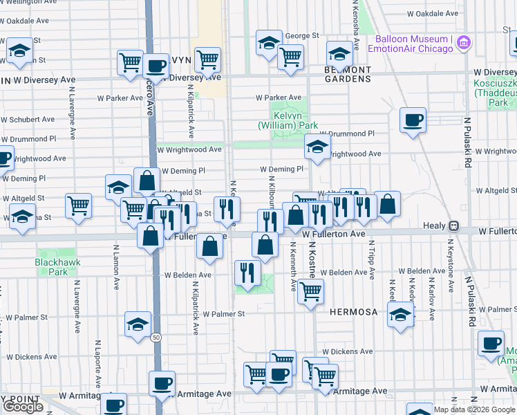 map of restaurants, bars, coffee shops, grocery stores, and more near 4511 West Montana Street in Chicago