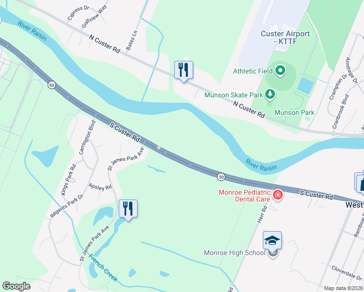 map of restaurants, bars, coffee shops, grocery stores, and more near 2886 South Custer Road in Monroe