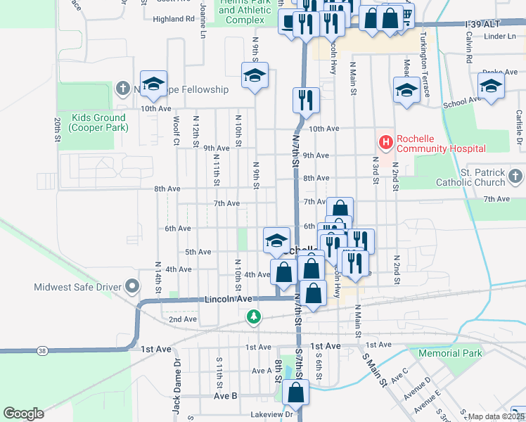 map of restaurants, bars, coffee shops, grocery stores, and more near 602 North 9th Street in Rochelle