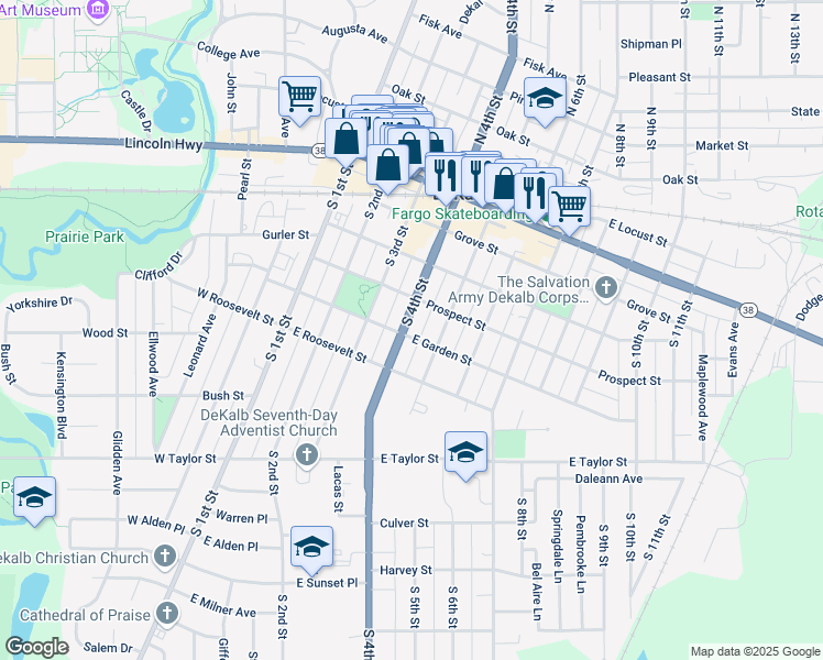 map of restaurants, bars, coffee shops, grocery stores, and more near 430 South 4th Street in DeKalb