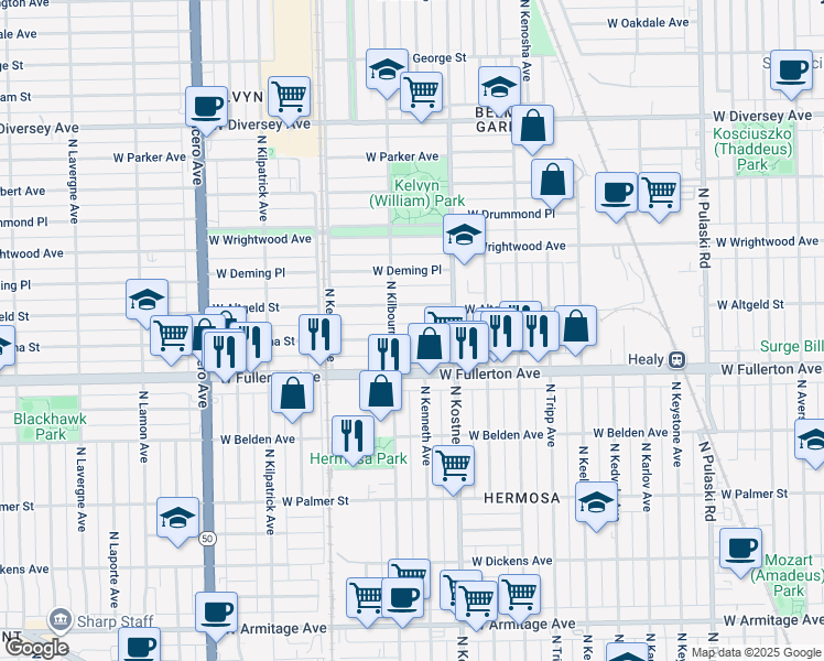 map of restaurants, bars, coffee shops, grocery stores, and more near 4442 West Montana Street in Chicago