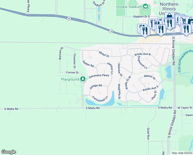 map of restaurants, bars, coffee shops, grocery stores, and more near 492 Devonaire Parkway in DeKalb