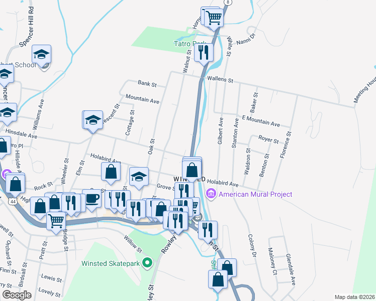 map of restaurants, bars, coffee shops, grocery stores, and more near 140 Wetmore Avenue in Winsted