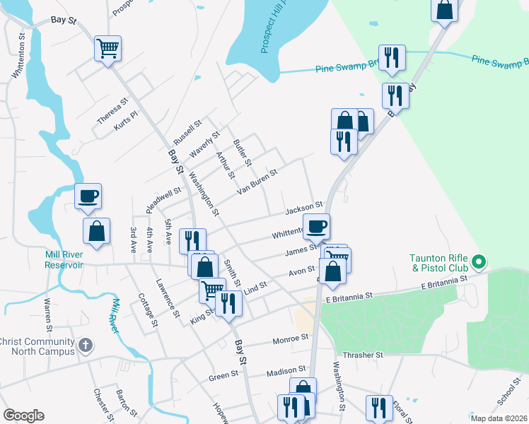 map of restaurants, bars, coffee shops, grocery stores, and more near 4 Wilson Avenue in Taunton