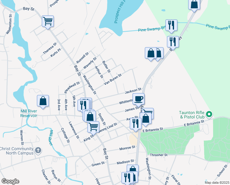 map of restaurants, bars, coffee shops, grocery stores, and more near 45 Jackson Street in Taunton
