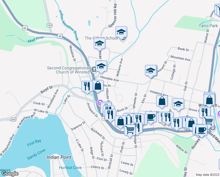 map of restaurants, bars, coffee shops, grocery stores, and more near 45 Hillside Avenue in Winsted