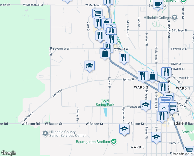 map of restaurants, bars, coffee shops, grocery stores, and more near 146 Spring Street in Hillsdale
