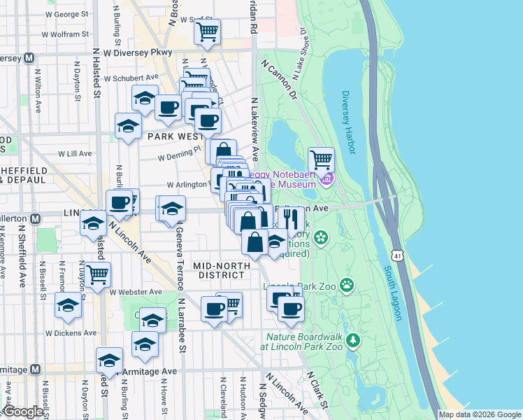 map of restaurants, bars, coffee shops, grocery stores, and more near in Chicago