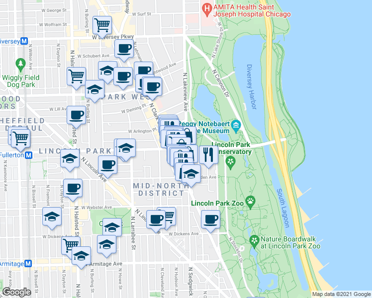 map of restaurants, bars, coffee shops, grocery stores, and more near in Chicago