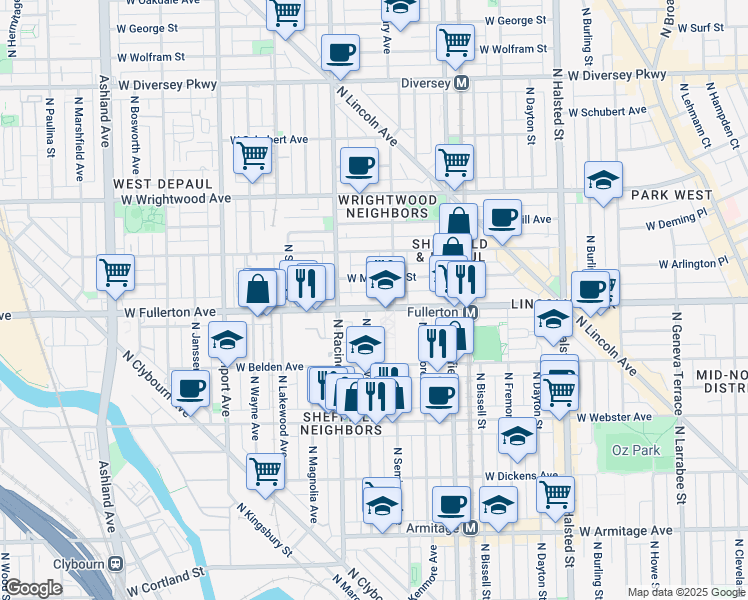map of restaurants, bars, coffee shops, grocery stores, and more near in Chicago