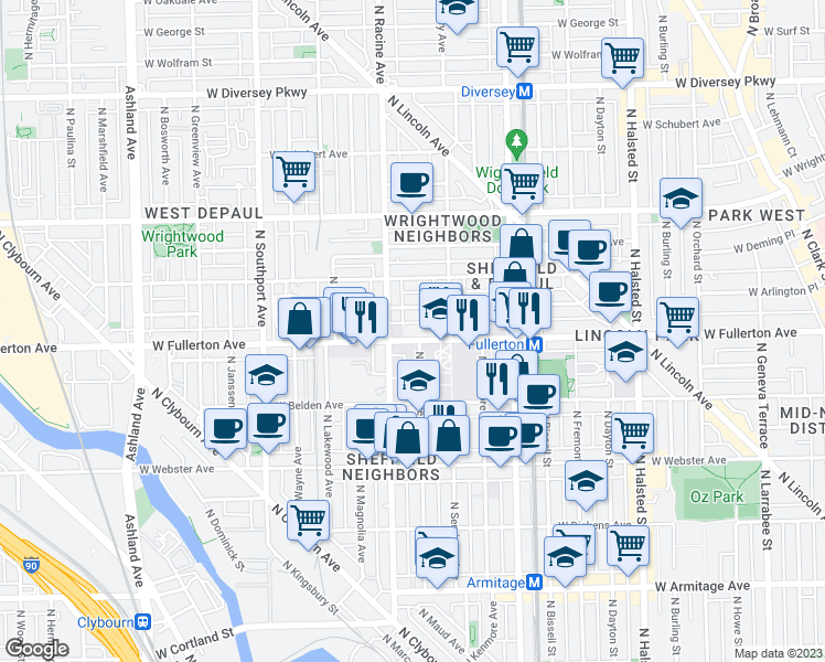 map of restaurants, bars, coffee shops, grocery stores, and more near in Chicago