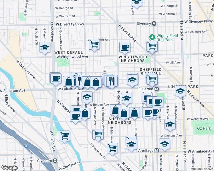 map of restaurants, bars, coffee shops, grocery stores, and more near 1237 West Fullerton Avenue in Chicago