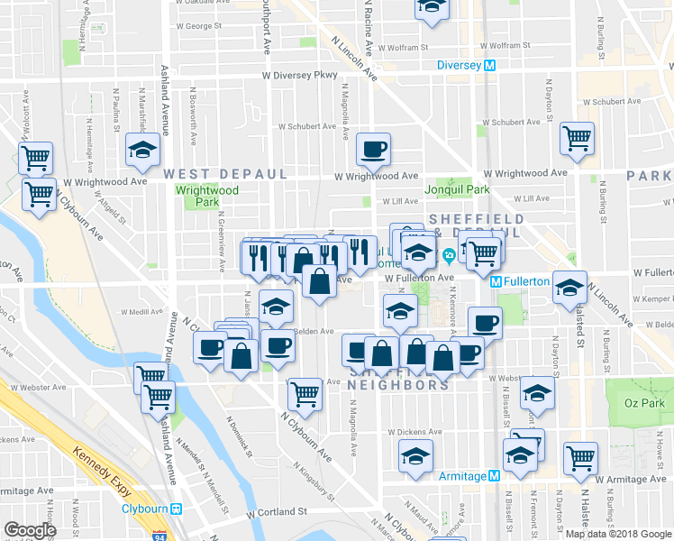 map of restaurants, bars, coffee shops, grocery stores, and more near 1237 West Fullerton Avenue in Chicago