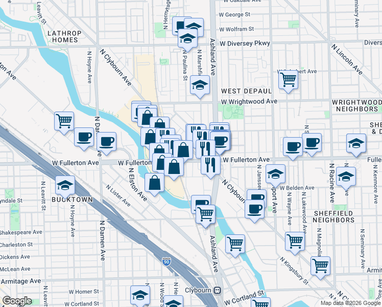 map of restaurants, bars, coffee shops, grocery stores, and more near 2422 North Clybourn Avenue in Chicago