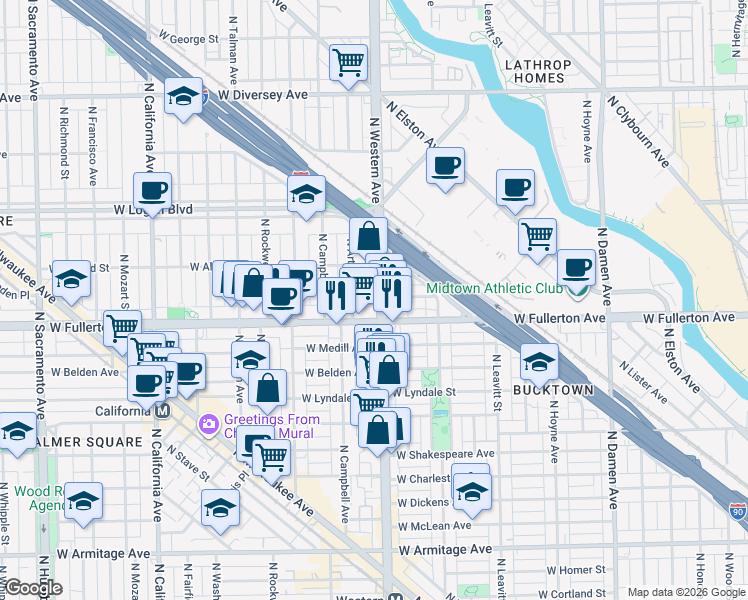 map of restaurants, bars, coffee shops, grocery stores, and more near 2418 West Fullerton Avenue in Chicago