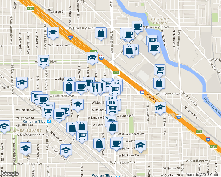 map of restaurants, bars, coffee shops, grocery stores, and more near 2418 West Fullerton Avenue in Chicago