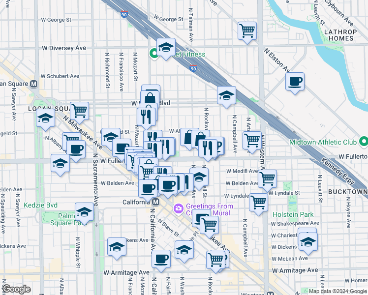 map of restaurants, bars, coffee shops, grocery stores, and more near 2648 West Fullerton Avenue in Chicago