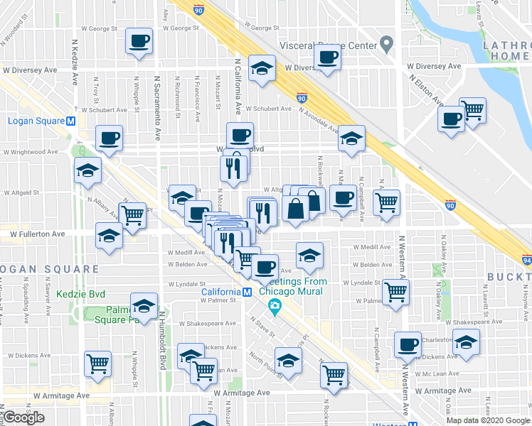 map of restaurants, bars, coffee shops, grocery stores, and more near 2402 North Washtenaw Avenue in Chicago