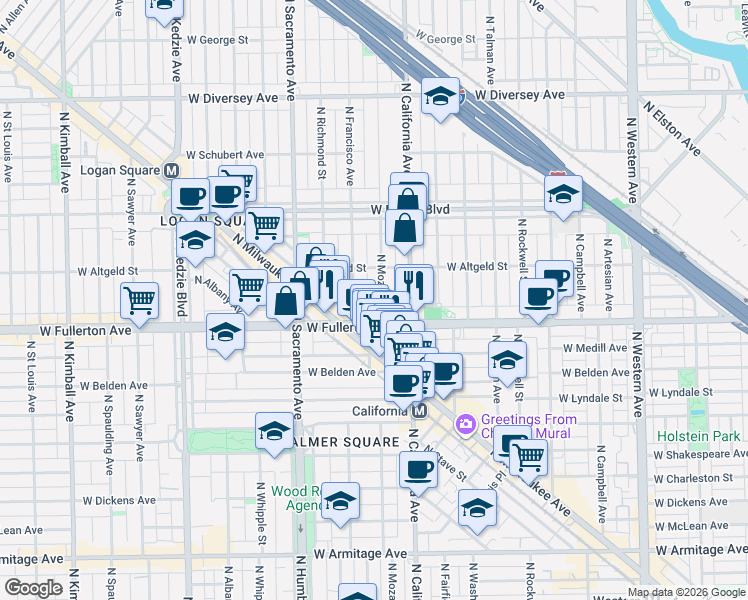 map of restaurants, bars, coffee shops, grocery stores, and more near 2838 West Fullerton Avenue in Chicago