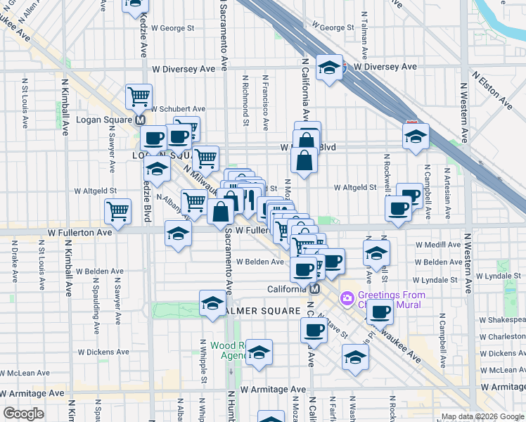 map of restaurants, bars, coffee shops, grocery stores, and more near in Chicago
