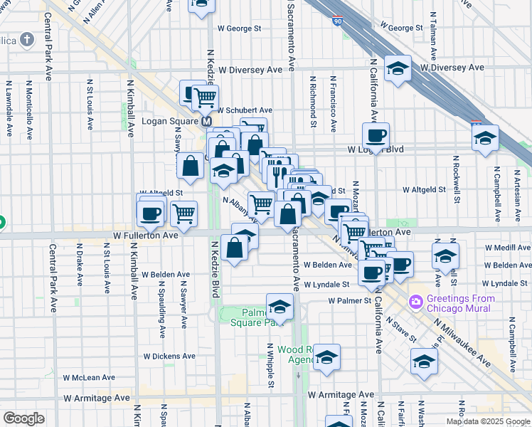 map of restaurants, bars, coffee shops, grocery stores, and more near 3030 West Fullerton Avenue in Chicago