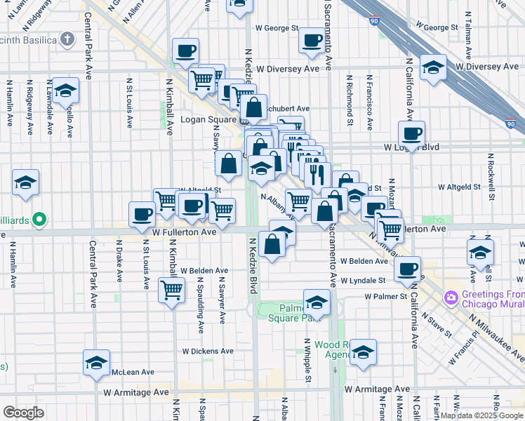 map of restaurants, bars, coffee shops, grocery stores, and more near 2403 North Kedzie Boulevard in Chicago