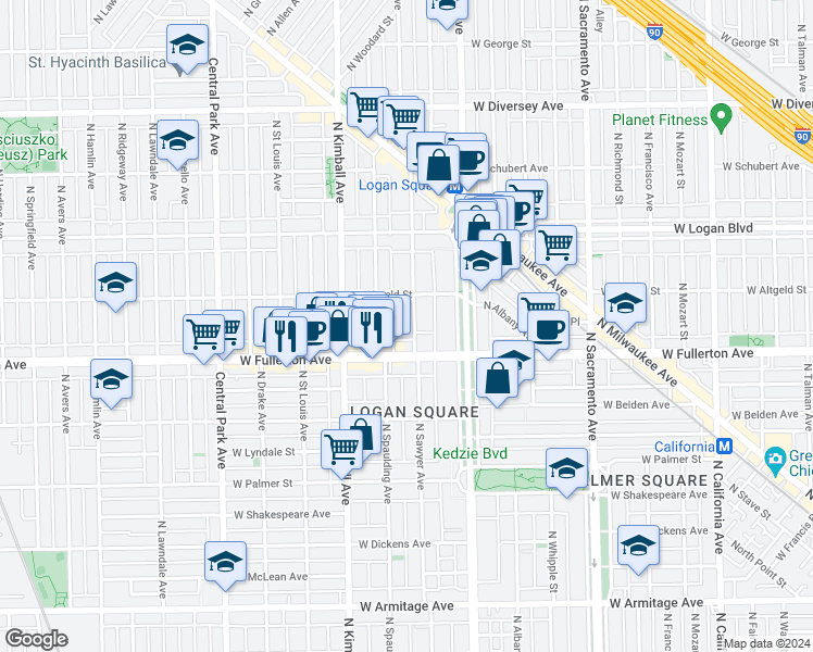 map of restaurants, bars, coffee shops, grocery stores, and more near 3248 West Fullerton Avenue in Chicago