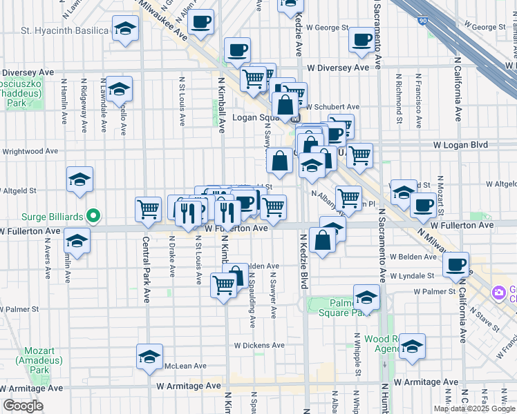 map of restaurants, bars, coffee shops, grocery stores, and more near 3248 West Fullerton Avenue in Chicago