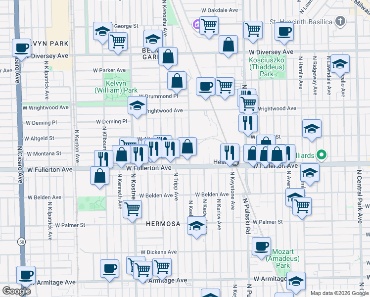 map of restaurants, bars, coffee shops, grocery stores, and more near 2414 North Keeler Avenue in Chicago