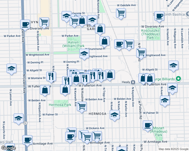 map of restaurants, bars, coffee shops, grocery stores, and more near 2415 North Lowell Avenue in Chicago