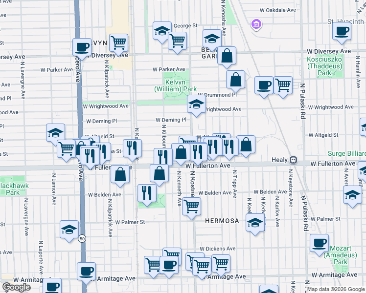map of restaurants, bars, coffee shops, grocery stores, and more near 4435 West Montana Street in Chicago
