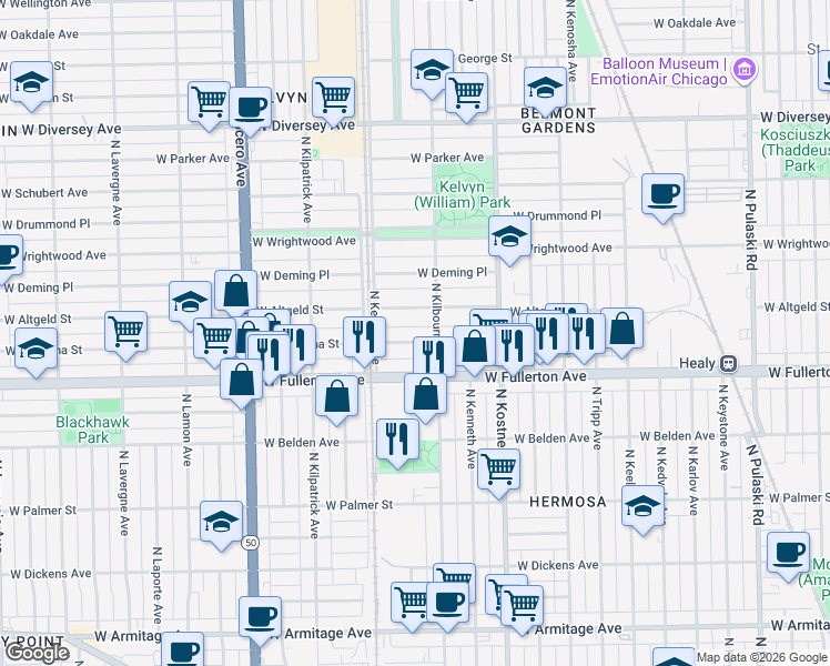 map of restaurants, bars, coffee shops, grocery stores, and more near 4511 West Montana Street in Chicago