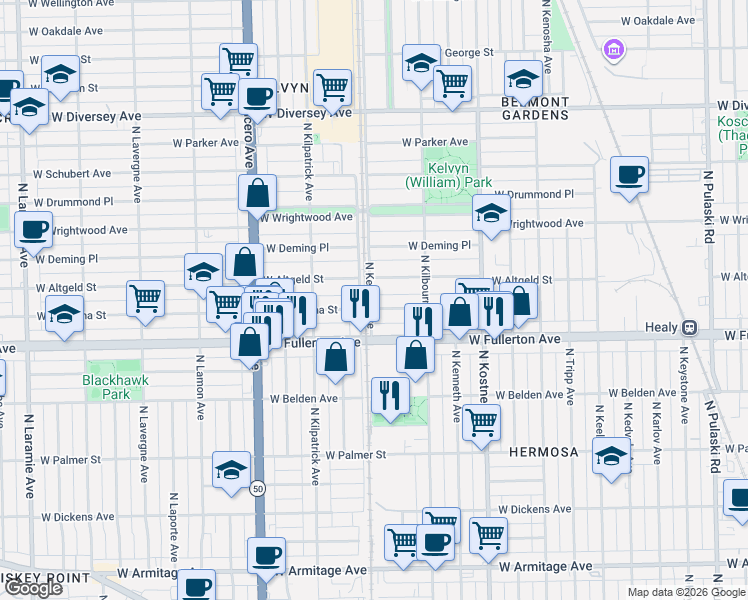 map of restaurants, bars, coffee shops, grocery stores, and more near 4551 West Montana Street in Chicago