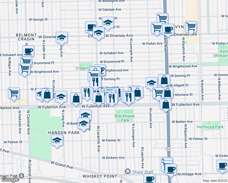 map of restaurants, bars, coffee shops, grocery stores, and more near 5117 West Montana Street in Chicago