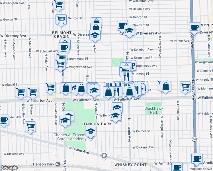 map of restaurants, bars, coffee shops, grocery stores, and more near 2430 North Lockwood Avenue in Chicago