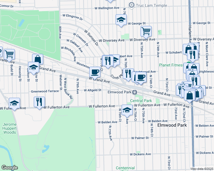 map of restaurants, bars, coffee shops, grocery stores, and more near 2444 North 77th Avenue in Elmwood Park