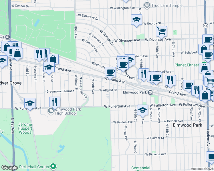 map of restaurants, bars, coffee shops, grocery stores, and more near 2439 North 78th Court in Elmwood Park