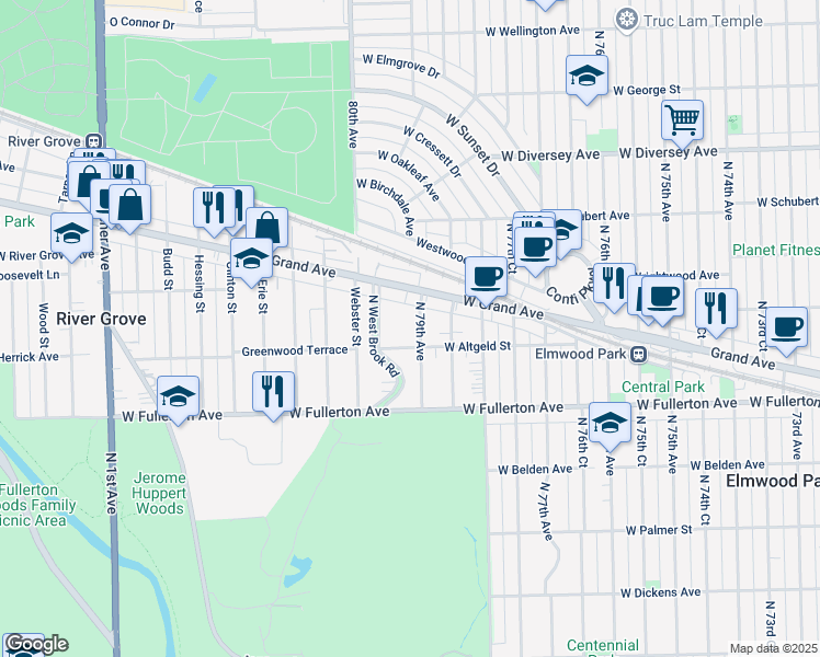 map of restaurants, bars, coffee shops, grocery stores, and more near 2446 North 79th Avenue in Elmwood Park