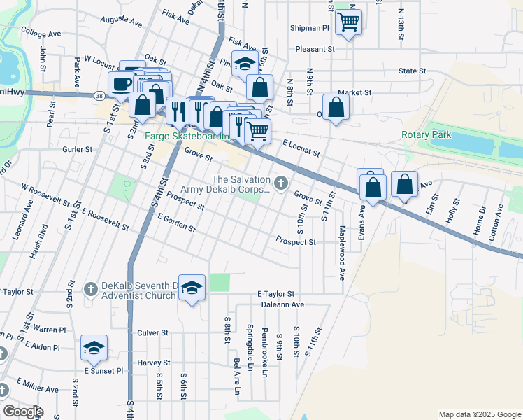 map of restaurants, bars, coffee shops, grocery stores, and more near 330 South 8th Street in DeKalb