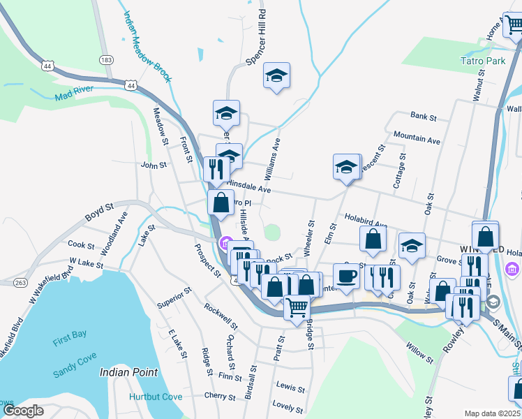 map of restaurants, bars, coffee shops, grocery stores, and more near Crown Street in Winsted