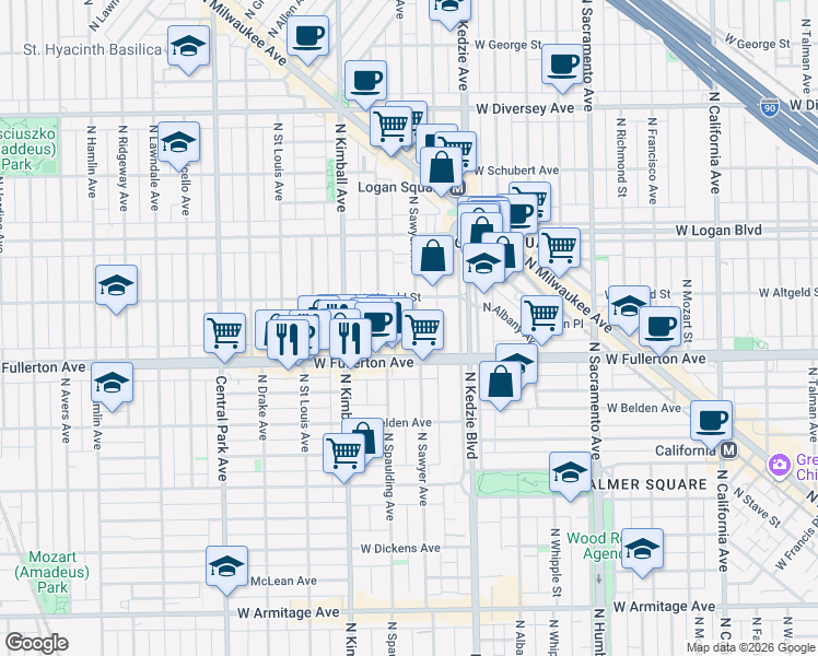 map of restaurants, bars, coffee shops, grocery stores, and more near 3248 West Fullerton Avenue in Chicago
