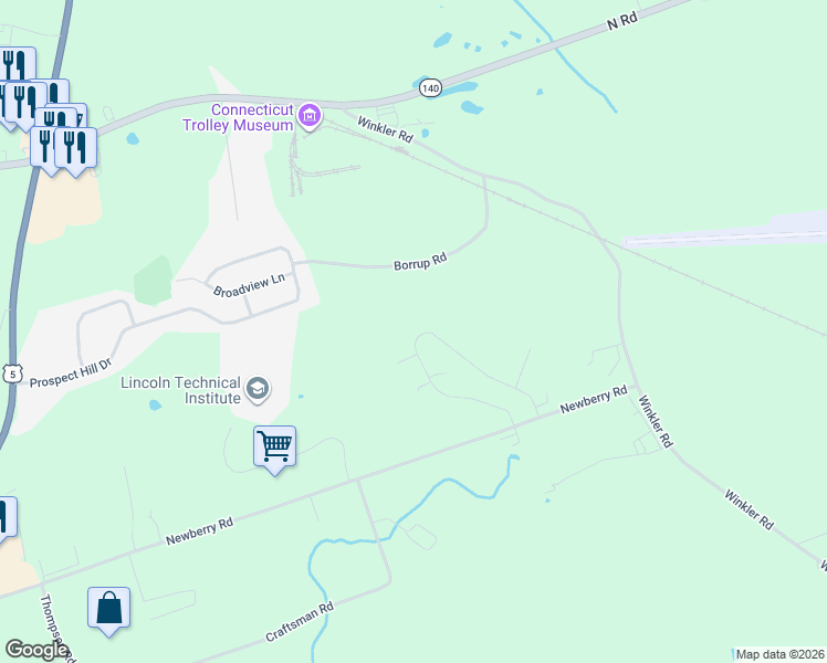 map of restaurants, bars, coffee shops, grocery stores, and more near 32 Mourning Dove Trail in East Windsor