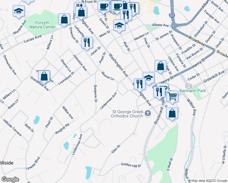 map of restaurants, bars, coffee shops, grocery stores, and more near 139 Linderman Avenue in Kingston