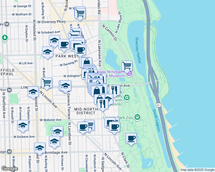 map of restaurants, bars, coffee shops, grocery stores, and more near West Fullerton Parkway & North Commonwealth Avenue in Chicago