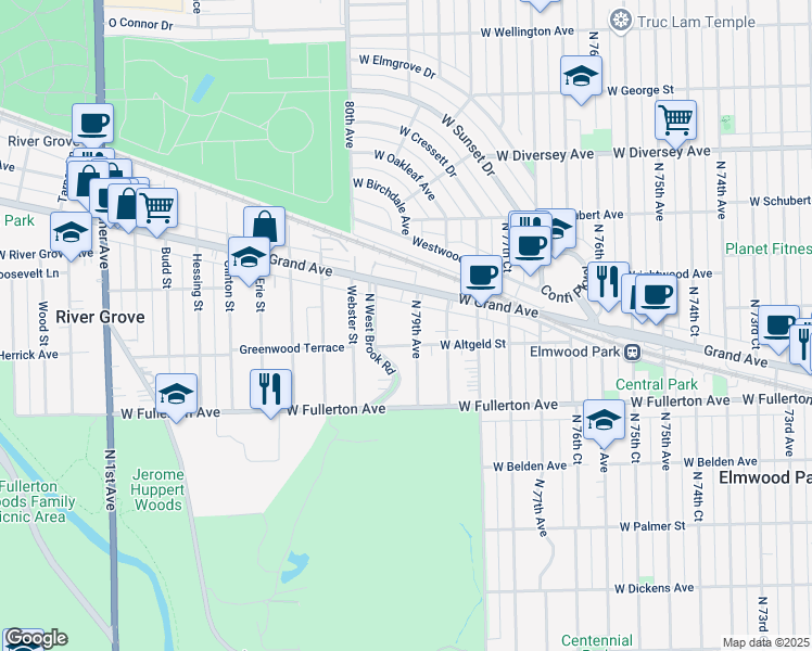 map of restaurants, bars, coffee shops, grocery stores, and more near 2446 North 79th Avenue in Elmwood Park