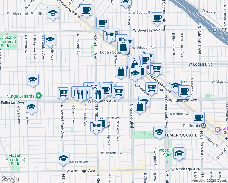 map of restaurants, bars, coffee shops, grocery stores, and more near 2428 North Sawyer Avenue in Chicago