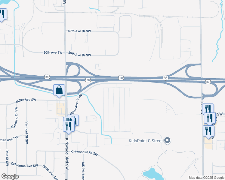 map of restaurants, bars, coffee shops, grocery stores, and more near 100 Kohawk in Cedar Rapids