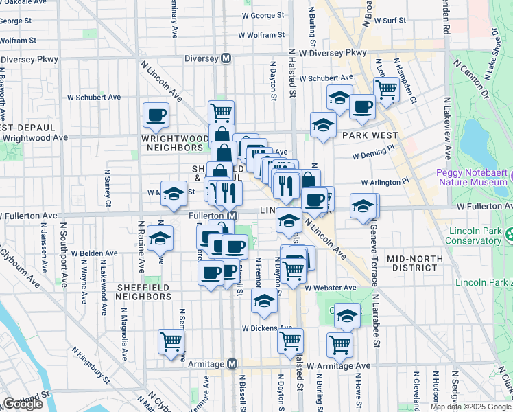 map of restaurants, bars, coffee shops, grocery stores, and more near 900 West Fullerton Avenue in Chicago