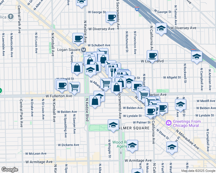 map of restaurants, bars, coffee shops, grocery stores, and more near 3030 West Fullerton Avenue in Chicago