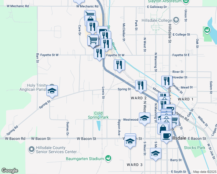map of restaurants, bars, coffee shops, grocery stores, and more near 87 Lewis Street in Hillsdale